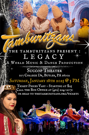 Image: a flyer of the tamburitzans legacy performance with images of dancers in costumes, and text detailing the performance date and time