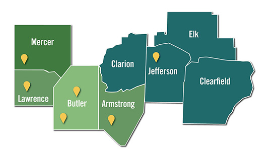 County map that showcases mercer, lawrence, butler, armstrong, and jefferson counties with yellow map pins to show where the campus locations are